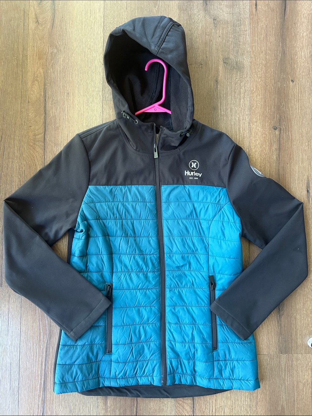 Hurley Teal & Black Quilted Hooded Puffer Jacket - !! Small